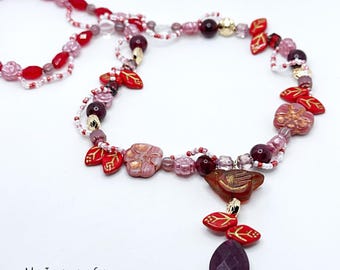 Cherry Blossom Bird Necklace: Czech Glass Flowers, Whimsical Fairycore Jewelry