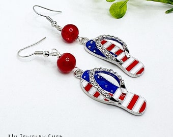 Rhinestone Flip Flop Earrings, American Flag USA Jewelry, Red White Blue, 4th of July
