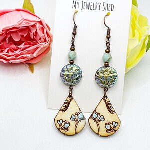 Boho Wood Floral Earrings, Blue Aqua Flower Beaded Earrings, Long Copper Dangle Earrings, Czech Glass, Minimalist Jewelry Gift for Her