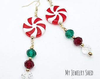 Long Peppermint Holiday Earrings, Candy Cane Red White Green Earrings, Handmade Christmas Jewelry