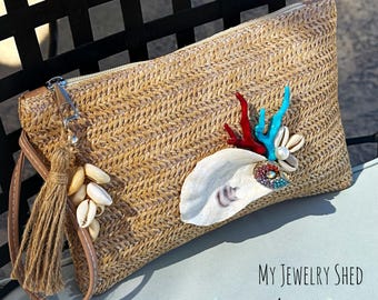 Oyster Shell Straw Clutch: Coastal Beach Wedding Wristlet with Coral