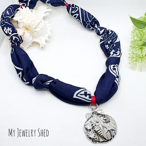 Navy Bandana Necklace with Shell Charm, Summer Style Knotted Scarf Necklace, Americana Bandana Style Scarf Wrap, Birthday Gift for Sister