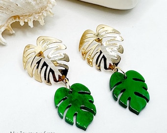 Gold and Green Monstera Leaf Earrings: Boho Beach Earrings, Tropical Plant Jewelry