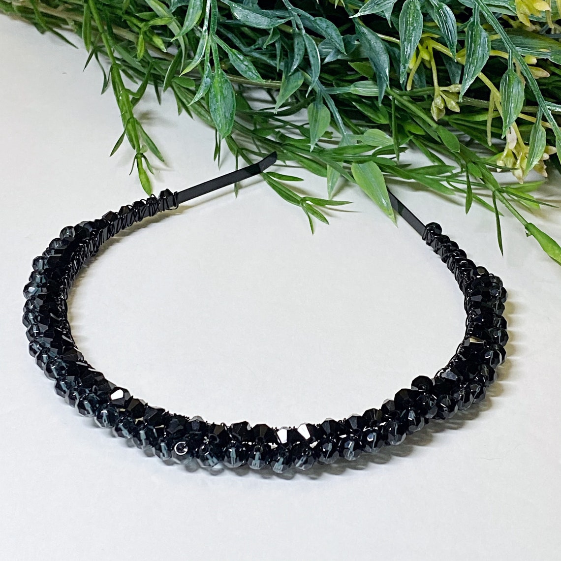 Black Beaded Headband Womens Beaded Headband Boho Headband Etsy