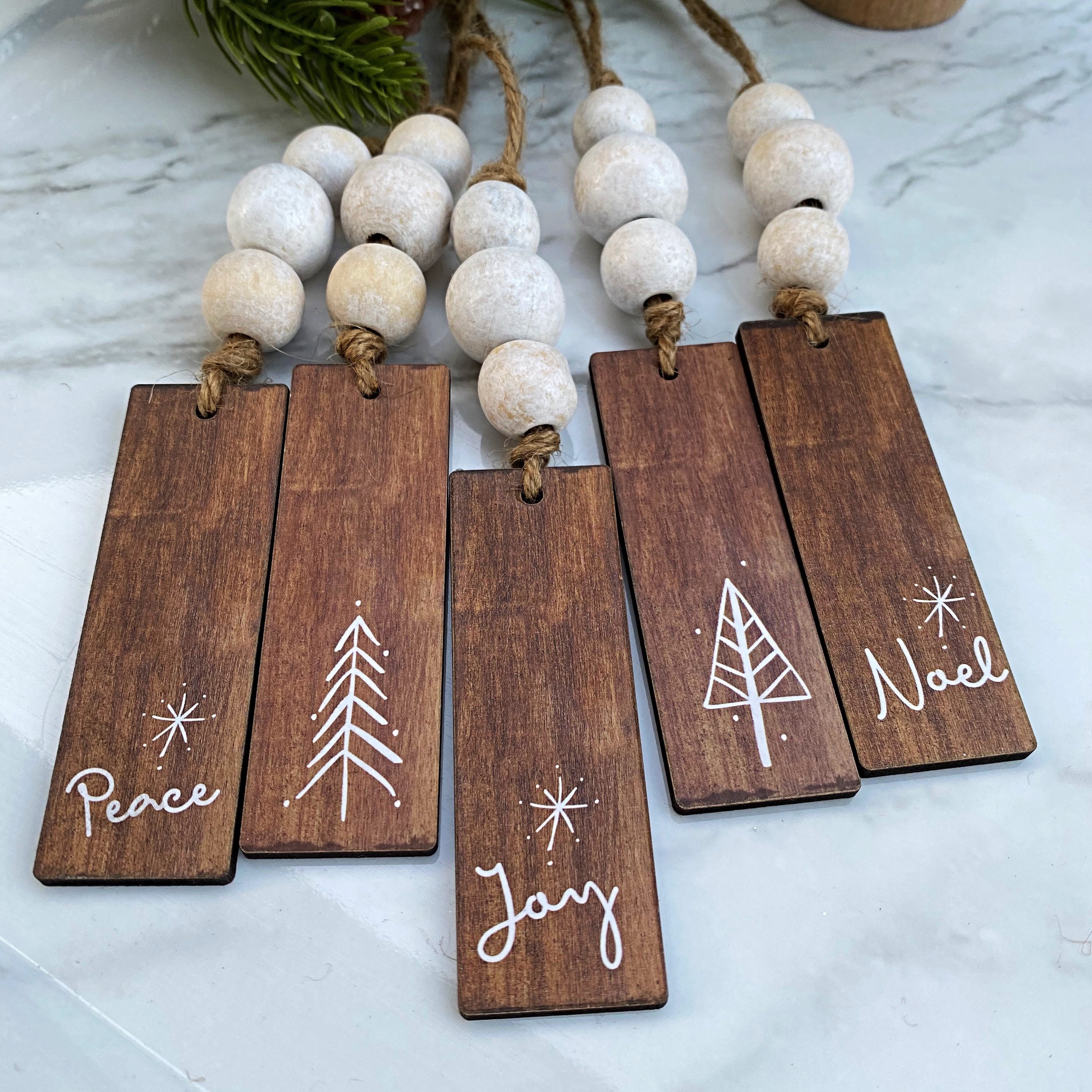 Wood Bead Stocking Tags Walnut Color Tag Wood Bead Ornament Etsy