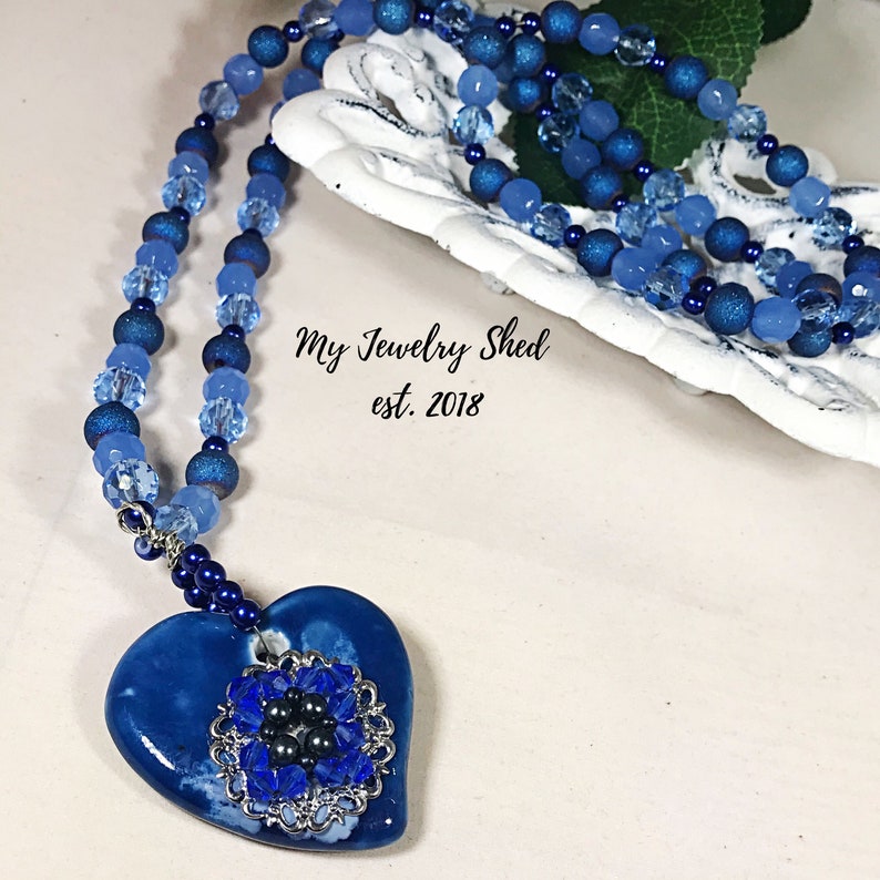 Blue Heart Pendant Key to my Heart Blue Necklace Heart Necklace Ceramic Heart Valentine Jewelry Gifts Long Necklace