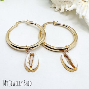18K Gold Plated Cowrie Shell Hoop Earrings: Boho Beach Jewelry