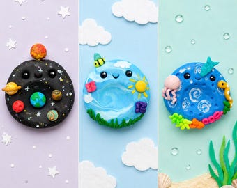 Piedras antiestrés con motivos de océano, cielo azul y sistema solar: alivio de la ansiedad, salud mental, un compañero inquieto.