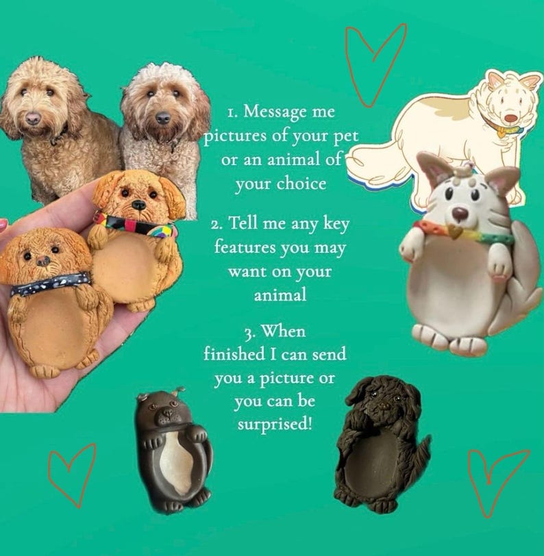 Puede incluir: Un collage de im&aacute;genes que muestran las instrucciones para crear una figurita de animal de arcilla personalizada. Las instrucciones incluyen enviar un mensaje al vendedor con fotos de una mascota o un animal, decirle al vendedor las caracter&iacute;sticas clave que se deben incluir y enviar una foto del producto terminado.