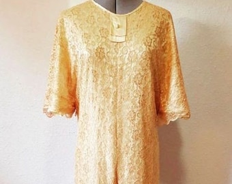1970s Vintage Mid Century Mustard Yellow Lace Romper