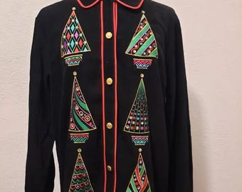 Vintage des années 1980 Bob Mackie art portable arbre de Noël polyester chemisier taille petite