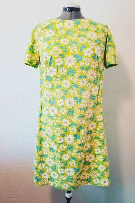 1960s Cotton green and blue Daisy Flower Summer D… - image 1