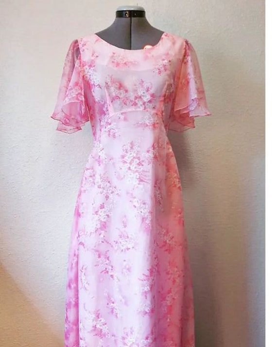 1970s Homemade Pink Floral Formal Dress