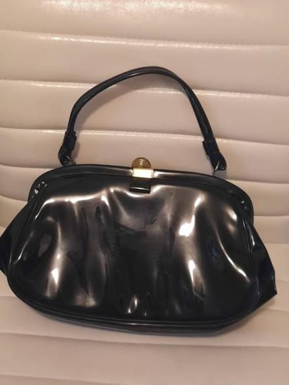1950s Vintage Patent Leather Plastic Black Aetna Handbag Purse