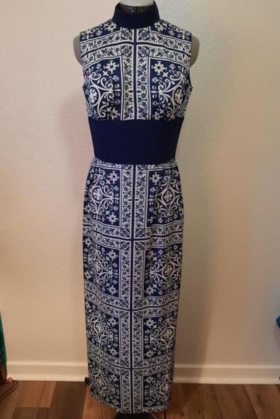 1960s Filigree Blue and White Maxi Dress & Pant Se