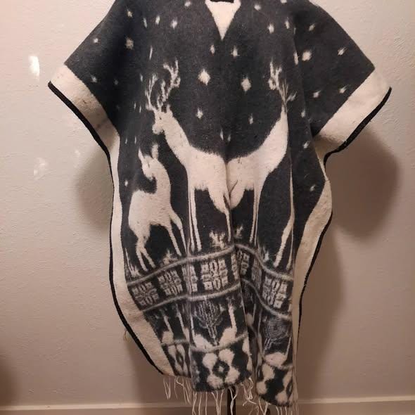 1970s Vintage Reversible Mexican Wool Blanket Poncho O/S