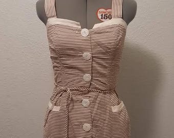 1950s Vintage Koret of California Brown Striped Swimsuit Playsuit Jumper Size: XS