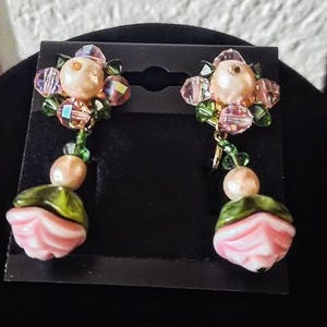 1950s Vintage Designer Vendome Faux Pearl, Rhinestone and Pink Glass Rose Clip on earrings