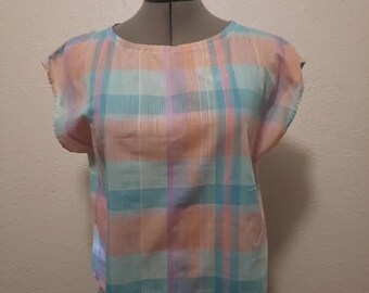 Chemise rose et bleu sarcelle rayée faite main vintage des années 1980, taille - petite