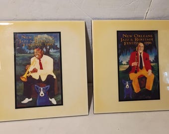George Rodrigue Jazz Fest Tiles 1995 & 1996 Louis Armstark-Pete Brunnen EXC SELTENES PAAR Mint