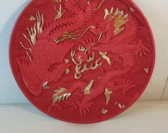 VTG Chinese Lacquerware Carved Raised Dragon/Phoenix Design Plate 9.5&quot; Red Gold~Collectible Chinese