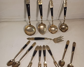 Vintage 13-Piece Siam Royal Bronze & Horn Dessert Serving Flatware Set