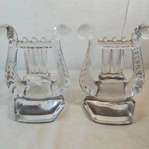 VTG Pair Of Fostoria Crystal Lyre Harp Bookends Heavy Solid Glass 7.5 inches 1940s