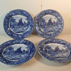 1820s Staffordshire Blue Transferware Plates (4) Chinese Motif Decoration 10&quot; VGC Collector Plates
