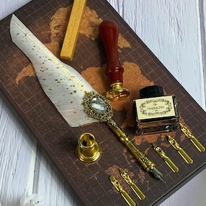 Boxed Federkiel Wachs Siegel-Set Federn schwarze Tinte Füllfederhalter, Vintage-Stil, Kalligraphie Metall Dip, Stift- und Tintenhalter, Wachsstift