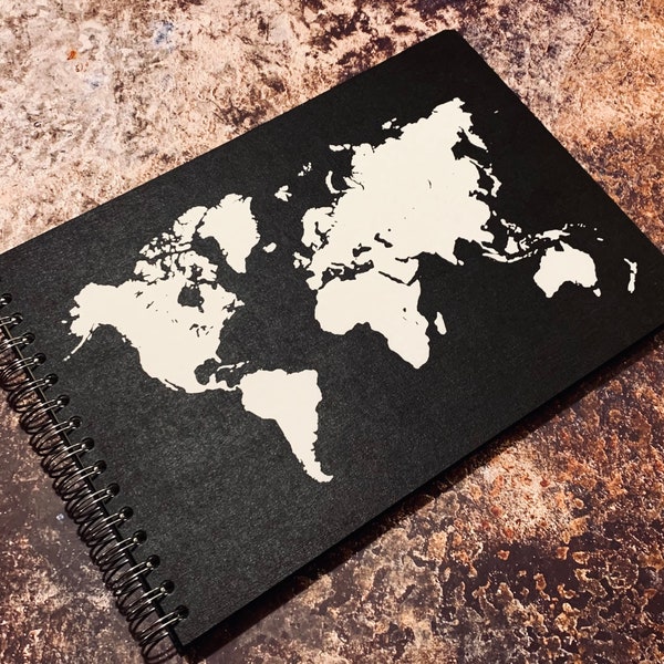 World Map Scrapbook Photo Album, Black Hardboard Covers, A4 A5, 100 Pages, Travel Holiday Earth