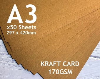 A3 Kraft Card, 170GSM, x50 Sheets, Rustic Brown Buff Card, Craft Making, Recycled Eco Friendly, Bulk, Printing, Stamp, Printing, Ink Jet