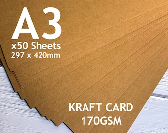 A3 Kraft-Karte, 170 GSM, x50 Blatt, rustikale braune Buff-Karte, Basteln, recycelt umweltfreundlich, Massendruck, Stempel, Drucken, Tintenstrahl