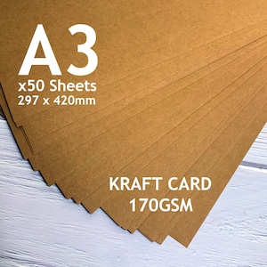 Carte kraft A3, 170 g/m², x50 feuilles, Carte brun chamois rustique, Fabrication artisanale, Recyclé respectueux de l'environnement, En vrac, Impression, Tampon, Impression, Jet d'encre