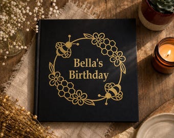 Personalised Black and Gold Bumble Bee Themed Guest Book, Scrapbook, Birthday, Wedding, Event