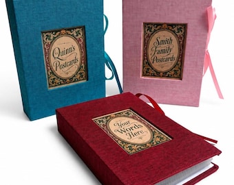 Personalised Postcard Album, 6×4 inch Slip-In Plastic Clear Double-Sided Pockets, Hard Cased Ribbon-Tie Book, 100 Capacity