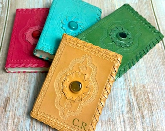 Personalised Initials Real Leather Journal, Gem Stone, Sewn Edging, Cotton Recycled Paper Pages, Embossed Design, Notebook Diary