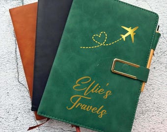 Personalised Airplane Travel Journal Diary, A5 Notebook, Pen Holder, Page Marker, Hardback, Magnetic Closure, Sewn Bound 200 Pages
