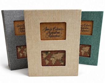 Travel Personalised 200 Photos Album, 6x4 inch Photos, Hard Cased, Recycled Jute Fabric Cover, Plastic Slip In Sleeve Pockets, Large