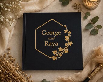 Personalised Black and Gold Ivy Wedding Guest Book, Scrapbook, Sign, Event, Square