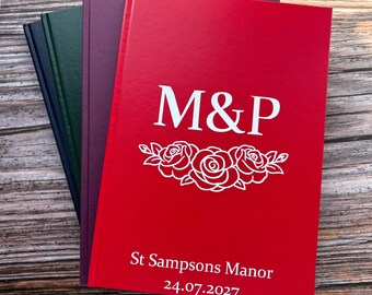 Personalised Rose Initial Wedding Guestbook, A4 Portrait, Notebook, Sketchbook, Scrapbook, Purple, Red, Green or Blue