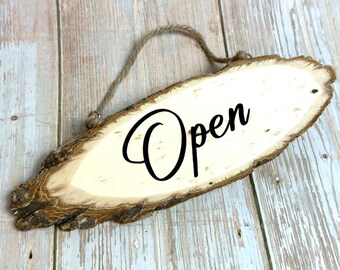 Open Closed Real Wood Door Sign, Hanging Rope, Untreated Natural Slab with Bark