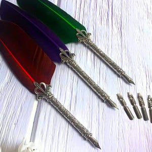Feather Quill Pen Set, Nibs, Ink Fountain Pen, Vintage Style, Calligraphy Metal Dipping, Pen and 6 Nibs