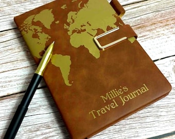 Personalised Gold Travel Journal Diary, A5 Notebook, Pen Holder, Page Marker, Hardback, Magnetic Closure, Sewn Bound 200 Pages, World Map