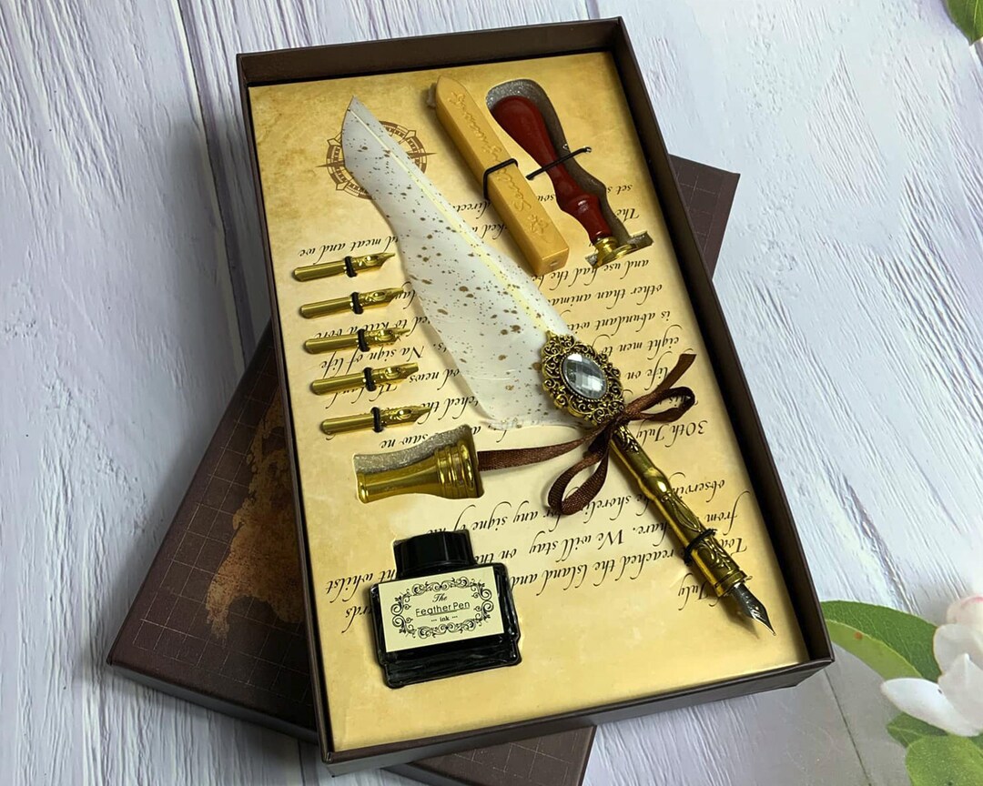 Boxed Wax Feather Quill Pen Set Nibs Black Ink Fountain Pen, Seal Stamp ...