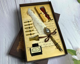 Boxed Wax Feather Quill Pen Set Nibs Black Ink Fountain Pen, Seal Stamp, Vintage Style, Calligraphy Metal Dipping, Pen Holder