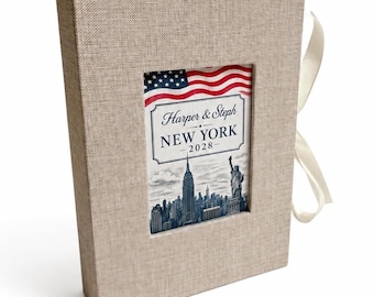Personalised New York Photo Album, 6×4 inch Slip-In Plastic Clear Double-Sided Pockets, Hard Cased Ribbon-Tie Book, 100 Capacity