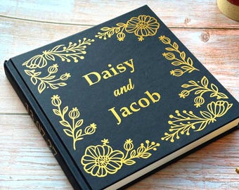 Personalised Black and Gold Floral Wedding Guest Book, Scrapbook, Sign, Event, Square