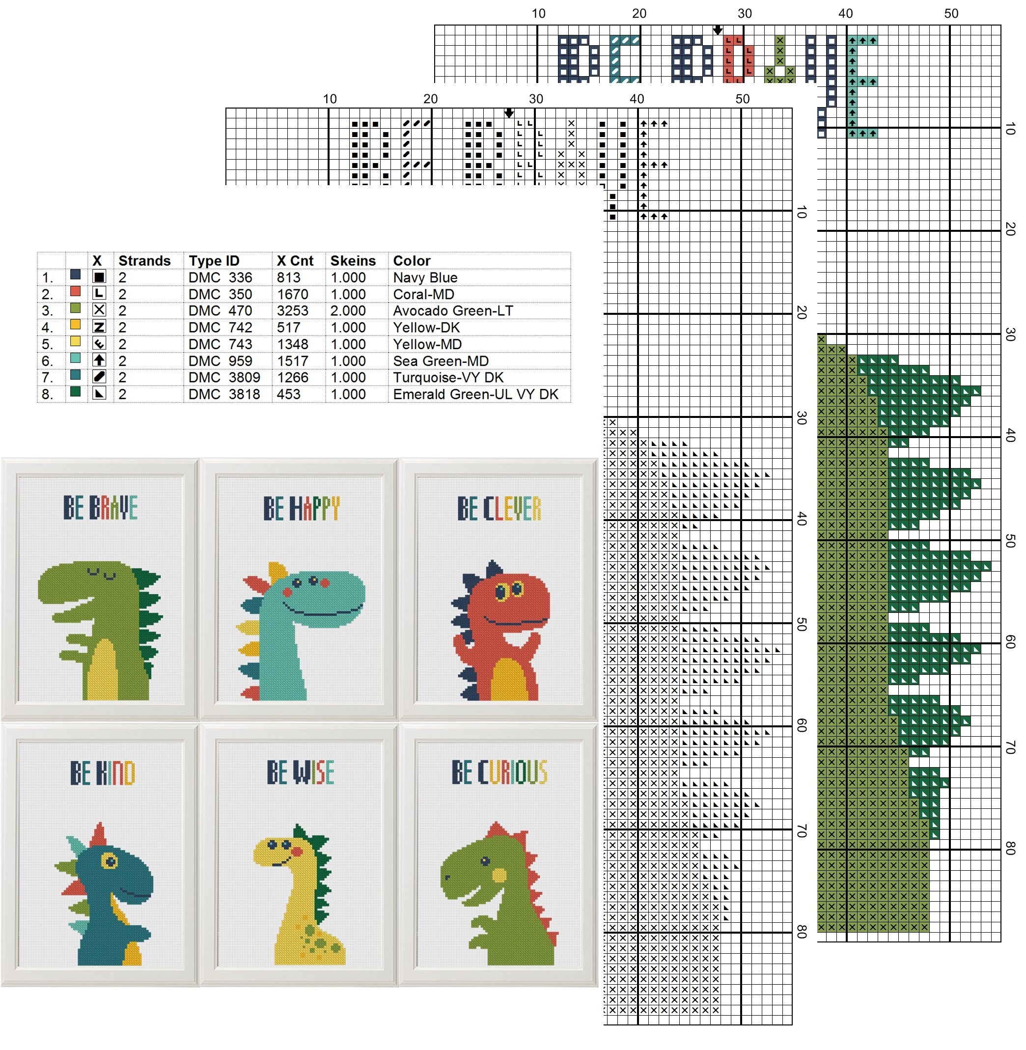 Baby dinosaurs cross stitch set of 6 pattern modern de brave Etsy