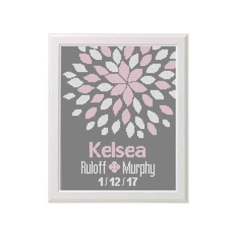 Baby Cross Stitch Pattern New Baby Girl Flowers Birth Announcement Sampler Easy Modern Shower Gift Personalized Embroidery Record Pdf Books Tutorials Framing