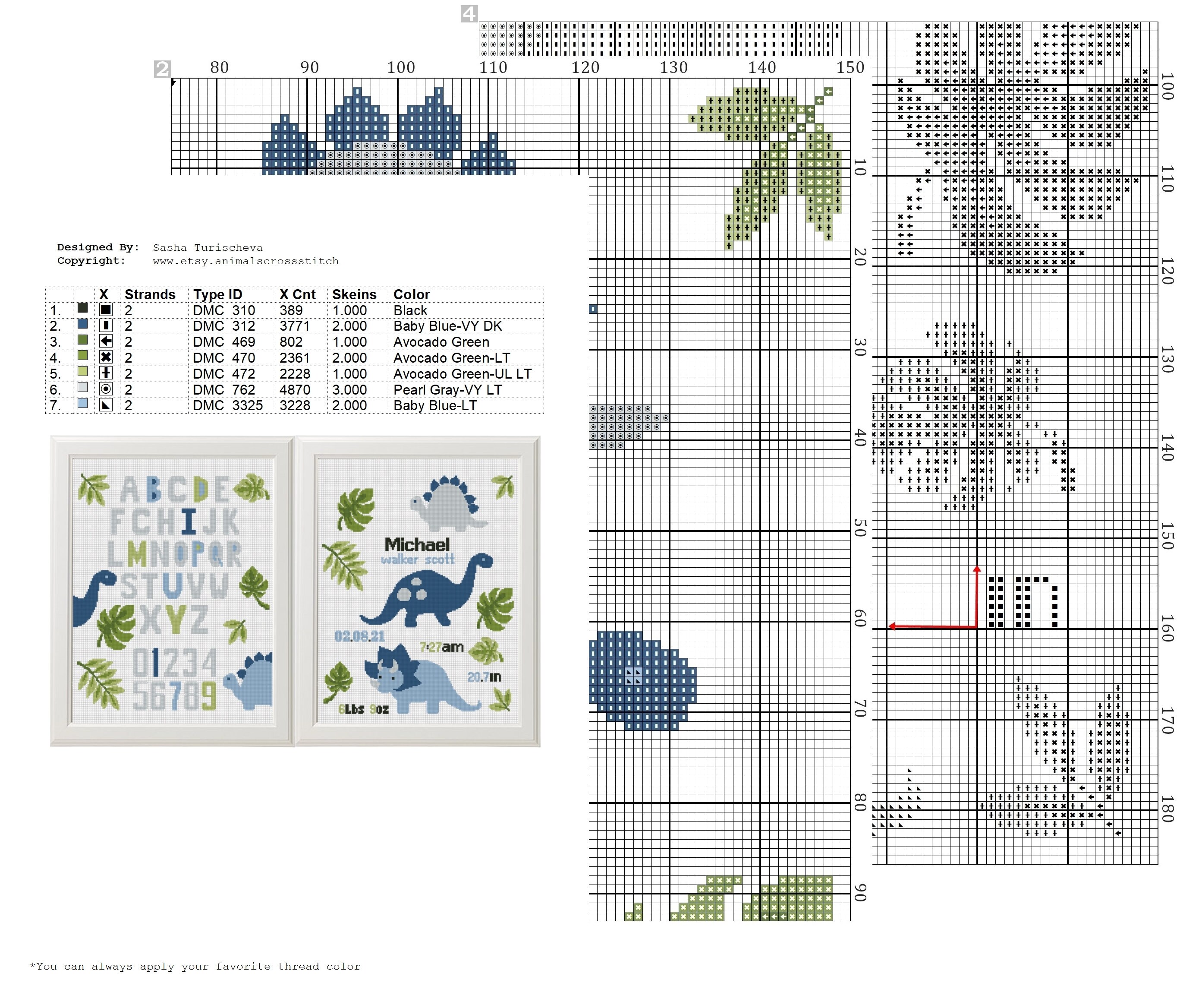 Dinosaurs Cross Stitch Birth Announcement Dino Animal Cross Etsy